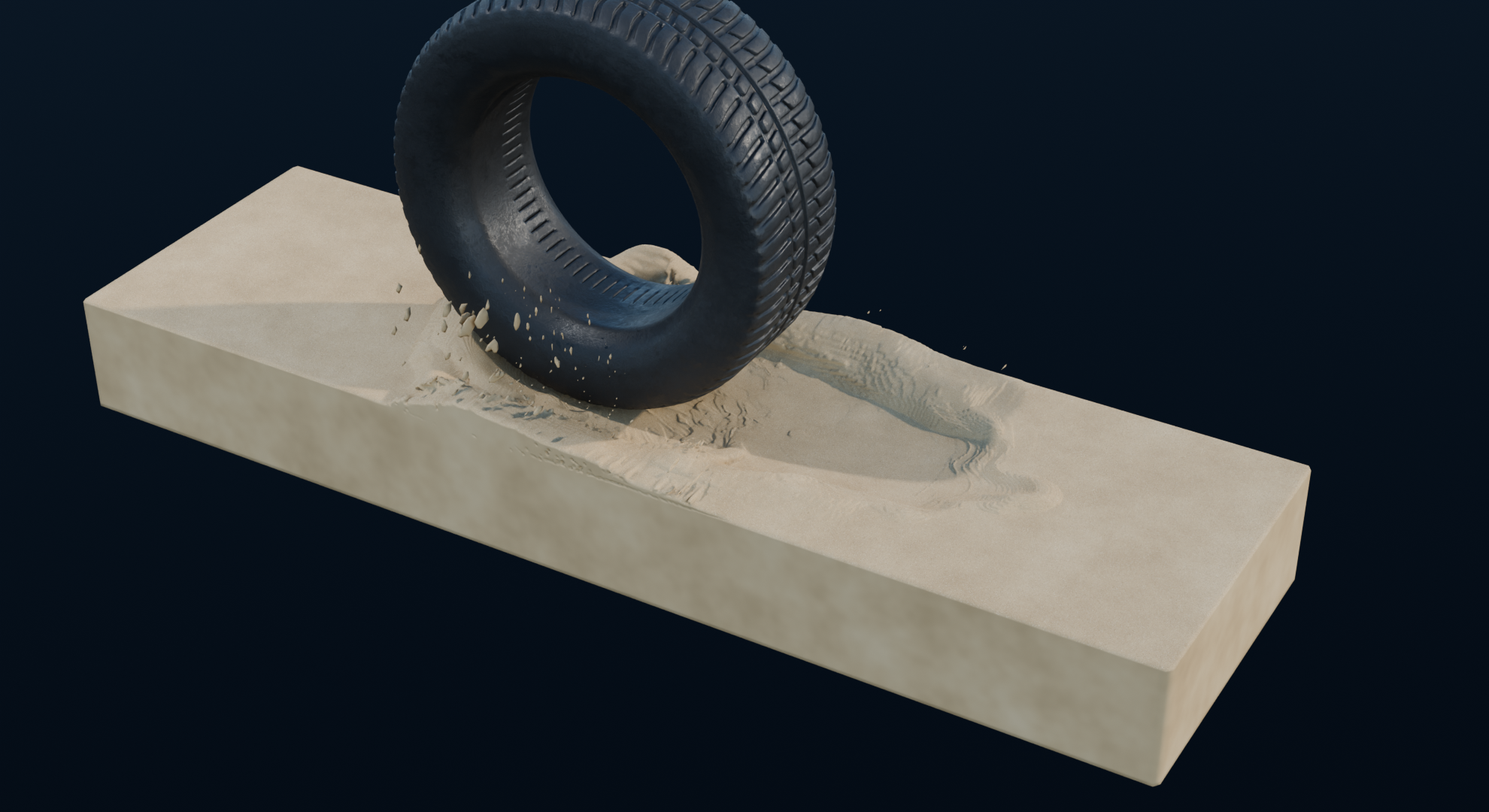 3D visualisation of a rolling tyre displacing sand and leaving tread imprints
