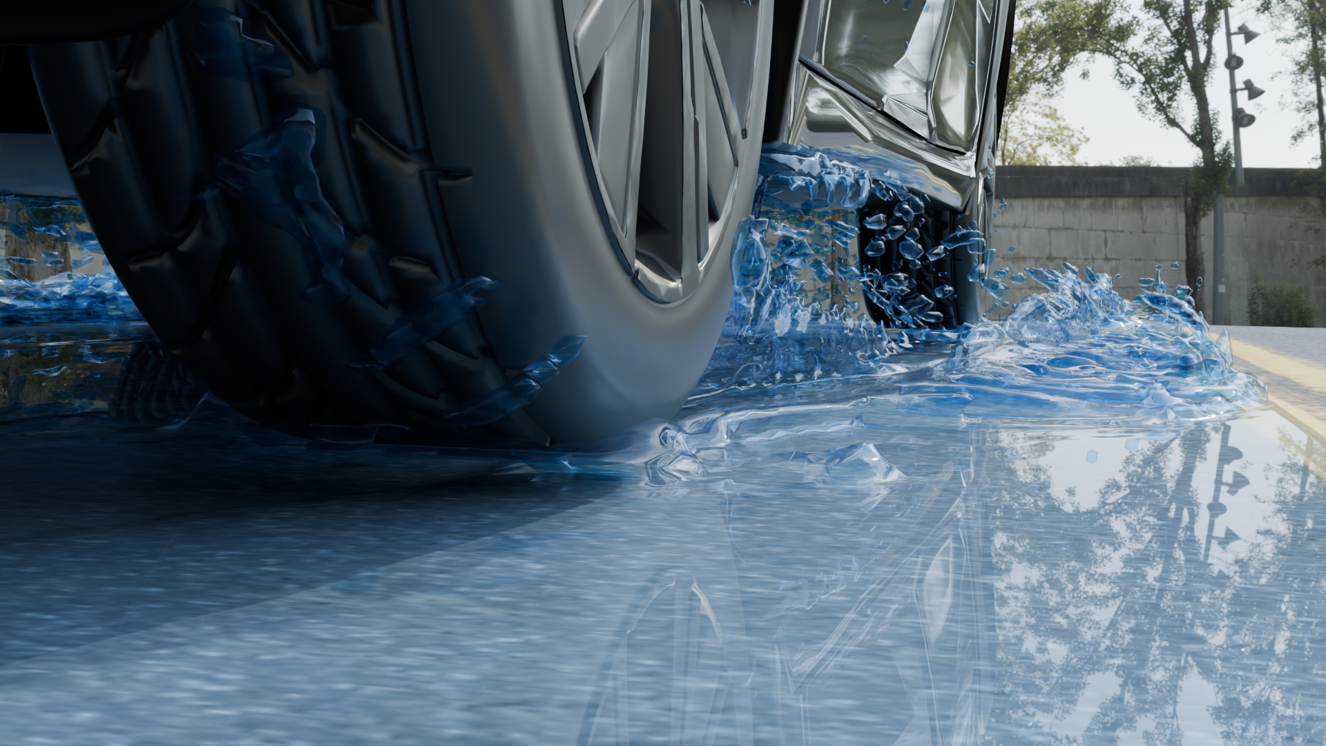 Close-up CFD visualisation of a rotating car tyre interacting with water